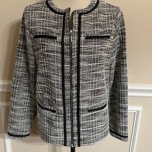 Emily Daniel’s Black/White Tweed Jacket.  Size Petite Medium. Zip Front.